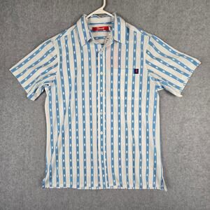 NWT Shinesty Michelob Shirt Size Medium White Blue Button Down Short Sleeve